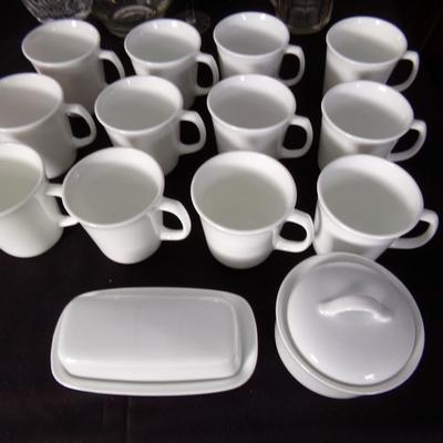 CORNING WARE CUPS, BUTTER DISH AND SUGAR BOWL.