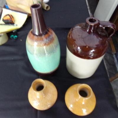 12" JUG, 14" GREEN VASE, 2 7" VASES.