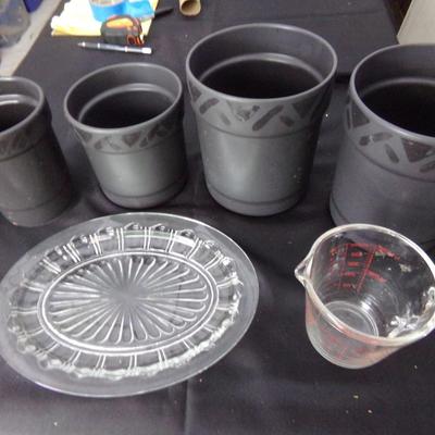 FIRE KING MEASURING CUP, POTS, PLATTER.