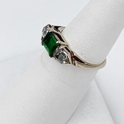 10K ~ Synthetic Emerald & CZ ~ Size 5.75 Vintage Ring