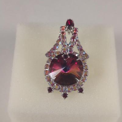 Deep Red Irridescent Glass Center Gem Brooch or Necklace Pendant (#45)