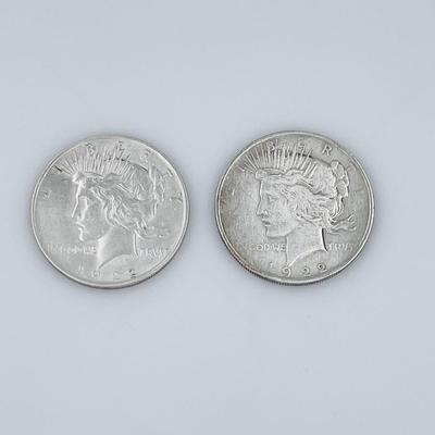 Two (2) ~ 1922 Peace Dollars ~ 90% Silver