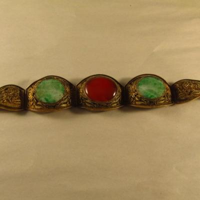 Vintage Chinoiserie Jade Cabochon Bracelet Set in Coppertone Filigree Panels  (#51)