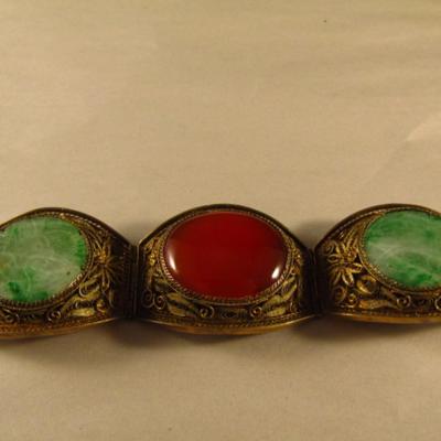 Vintage Chinoiserie Jade Cabochon Bracelet Set in Coppertone Filigree Panels  (#51)