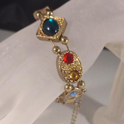 Lady's Dainty Multi-Colored Glass Stone Gold Tone Bracelet (#52)