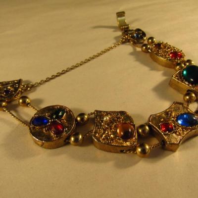 Lady's Dainty Multi-Colored Glass Stone Gold Tone Bracelet (#52)