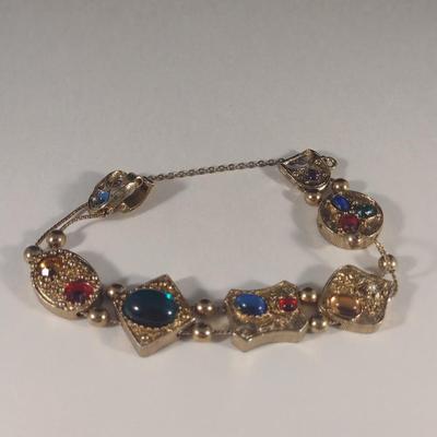 Lady's Dainty Multi-Colored Glass Stone Gold Tone Bracelet (#52)