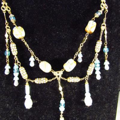 Vintage Art Deco Amber and Aqua Color Glass Bead and Rhinestone Drape Necklace (#54)