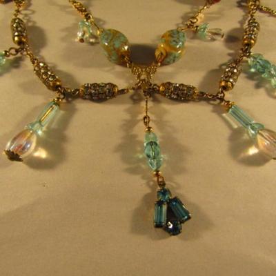 Vintage Art Deco Amber and Aqua Color Glass Bead and Rhinestone Drape Necklace (#54)