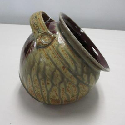 Hand Thrown Art Pottery Glazed Pot With Handle Signed By Artist