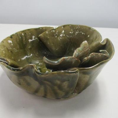 Vintage Hand Thrown Folded Side Pottery Bowl With Holly & Berries