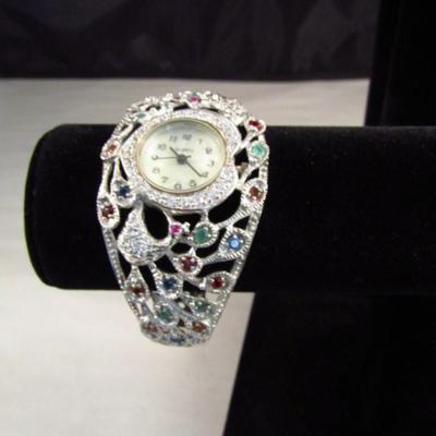 Peacock Design Sterling Silver Bracelet Watch with Multi-Color Stones and Diamond Accent Bezel (#58)