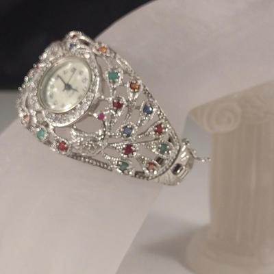 Peacock Design Sterling Silver Bracelet Watch with Multi-Color Stones and Diamond Accent Bezel (#58)