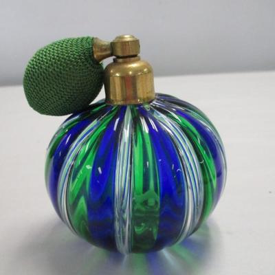 Vintage Blue/Green Striped Glass Perfume Bottle w/Atomizer