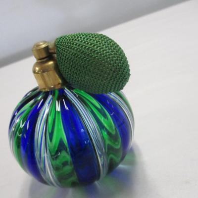Vintage Blue/Green Striped Glass Perfume Bottle w/Atomizer