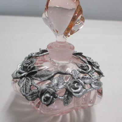 Vintage Pink Glass Star Shaped Perfume Bottle w/Metal Roses & Heart Stopper