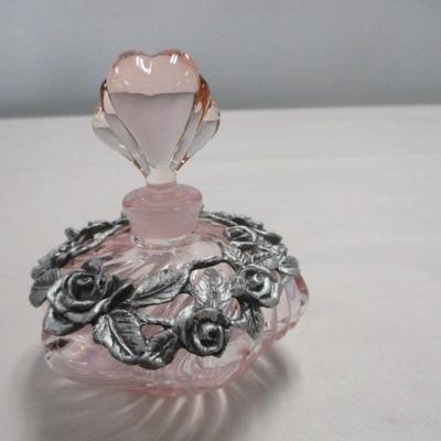 Vintage Pink Glass Star Shaped Perfume Bottle w/Metal Roses & Heart Stopper