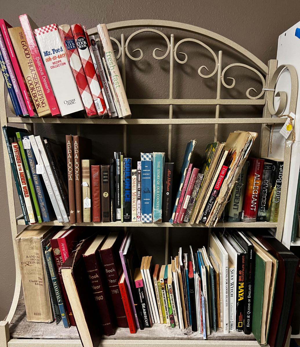 3 Shelves of Books Cooking, Dictionary, Novel Children's