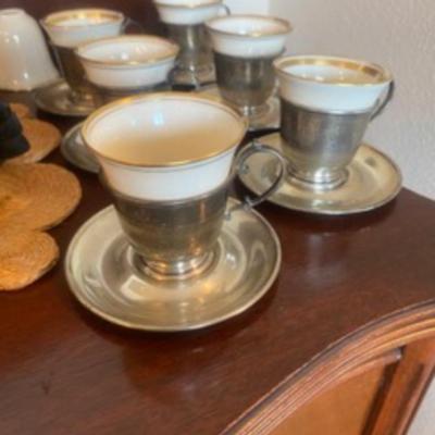 6 - Shreve & Co. Sterling Silver  Demitasse cup holders & saucers  w/ 7 Lenox China cup inserts 