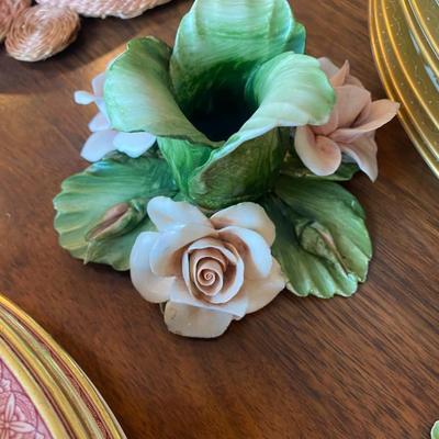 Pair of vintage Capo di Monte w/ full pink roses + buds candlestick holders