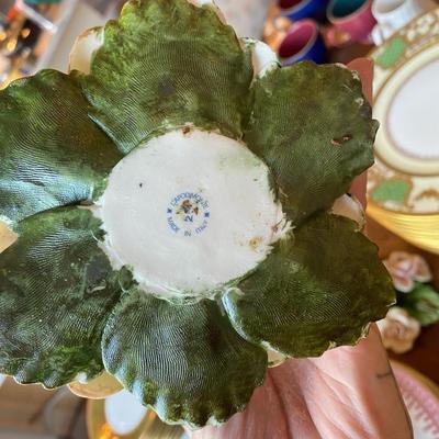 Pair of vintage Capo di Monte w/ full pink roses + buds candlestick holders