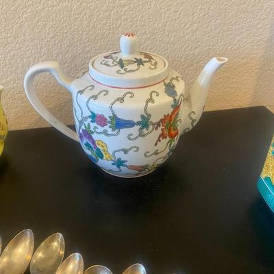 White Multi Colored Chinese Teapot