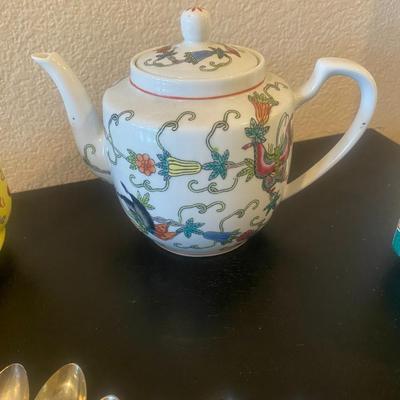 White Multi Colored Chinese Teapot