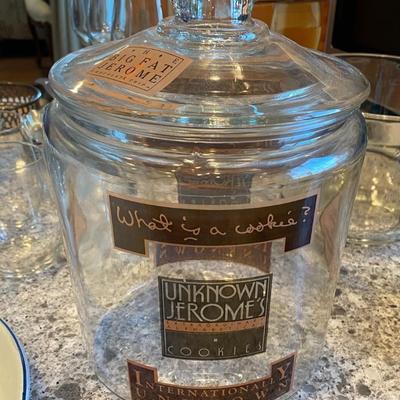 One Clear glass tall cookie jar with lid - Unknown Jerome Cookie Labels