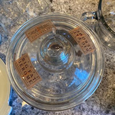 One Clear glass tall cookie jar with lid - Unknown Jerome Cookie Labels