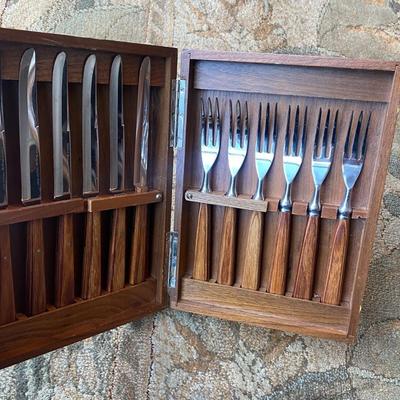mid-century wood handled Knives and Forks in fitted inlaid wood box