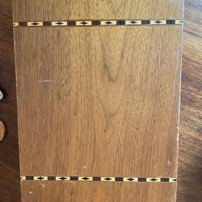 mid-century wood handled Knives and Forks in fitted inlaid wood box