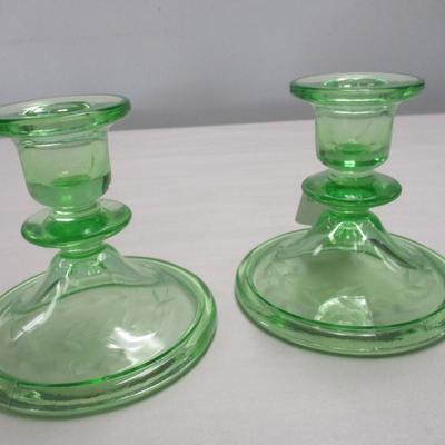 Vintage Etched Uranium Glass Candle Holders