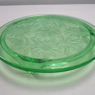 Vintage Jeanette Glass Sunflower Footed Cake Plate Uranium Glass