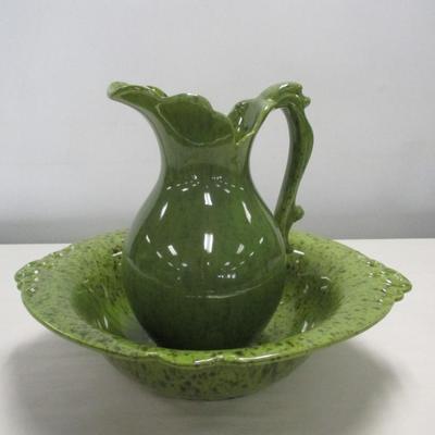 Vintage Royal Haegar Green/Brown Pottery Basin & Pitcher