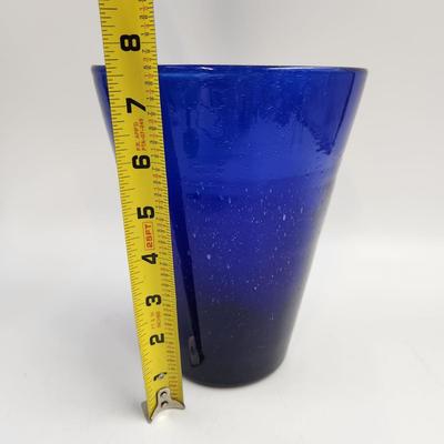 HEAVY BUBBLE GLASS COBALT BLUE TALL VASE