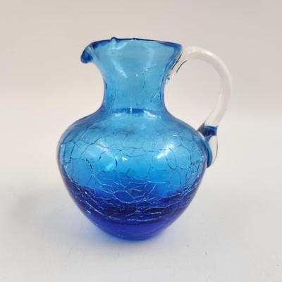 BEAUTIFUL COBALT BLUE CRACKED HAND BLOWN PITCHER