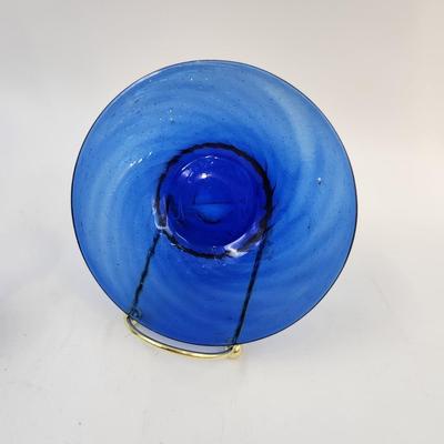 BEAUTIFUL SWIRL & BUBBLE COBALT BLUE SAUCER & SHOT GLASSES