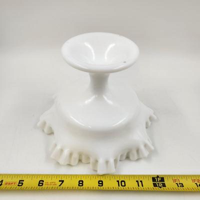 VINTAGE RUFFLED CRESTED MILK GLASS FOOTED BOWL
