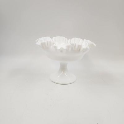 VINTAGE RUFFLED CRESTED MILK GLASS FOOTED BOWL