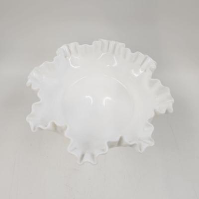 VINTAGE RUFFLED CRESTED MILK GLASS FOOTED BOWL