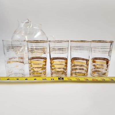 VINTAGE GOLD TRIMMED PITCHER & 5 GLASS SET