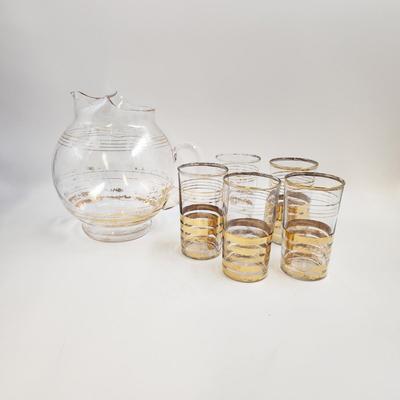 VINTAGE GOLD TRIMMED PITCHER & 5 GLASS SET
