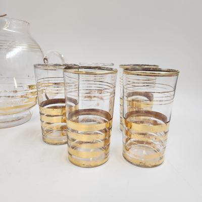 VINTAGE GOLD TRIMMED PITCHER & 5 GLASS SET