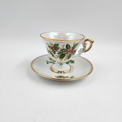1960s ENESCO DECEMBER HOLLY TEA CUP & SAUCERS