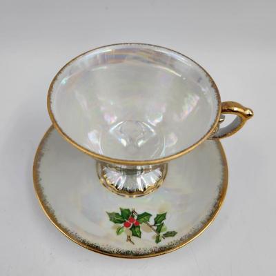 1960s ENESCO DECEMBER HOLLY TEA CUP & SAUCERS