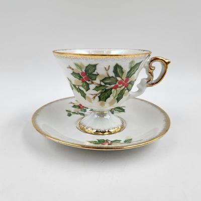 1960s ENESCO DECEMBER HOLLY TEA CUP & SAUCERS