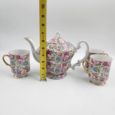 VINTAGE FLORAL ENESCO TEAPOT & 3 TEA CUPS