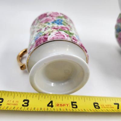 VINTAGE FLORAL ENESCO TEAPOT & 3 TEA CUPS