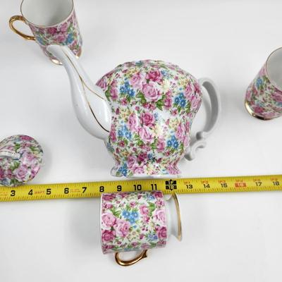 VINTAGE FLORAL ENESCO TEAPOT & 3 TEA CUPS
