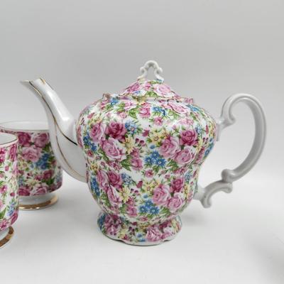 VINTAGE FLORAL ENESCO TEAPOT & 3 TEA CUPS
